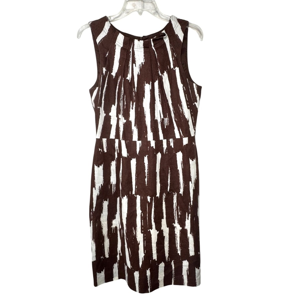 Donna Morgan Linen Abstract Brushstroke Sheath Dress Womens 12 Brown White Lined